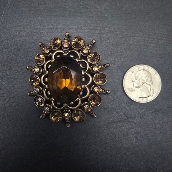 Chico's Bronze Tone Rhinestone Brooch Yellow Golden - Picture 6 of 7